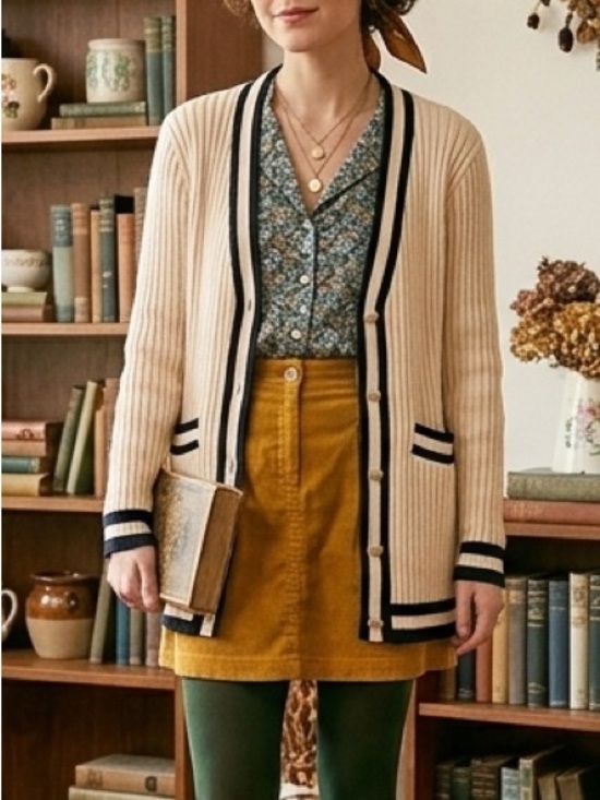 CAbi Sweaters - Cabi Varsity Cardigan 5458 Navy Striped Ribbed Cotton Sweater Gold Button XS